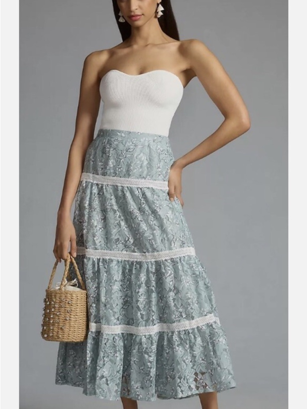 En Saison Mint Green Lace Tiered Maxi Skirt